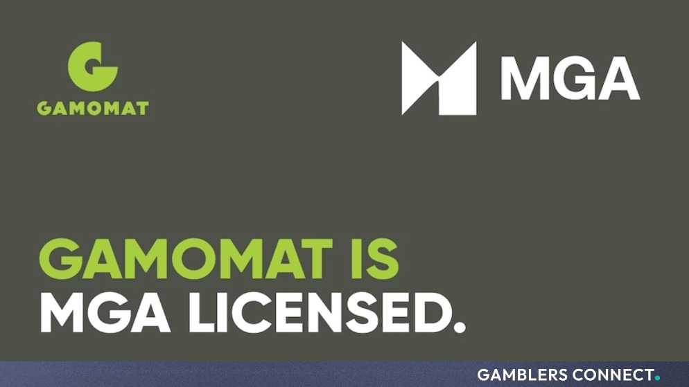 Official corporate graphic announcing that GAMOMAT is MGA licensed, featuring the green GAMOMAT logo and white MGA branding on a dark background.