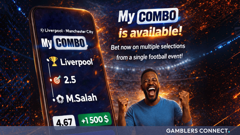 Promotional graphic displaying a mobile phone interface with a "My COMBO" football bet builder selection alongside an excited fan.