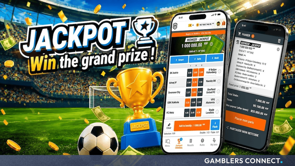 Promotional graphic featuring a golden trophy, soccer ball, and mobile phones displaying the Honoré Gaming Sports Pool jackpot interface against a green turf background.