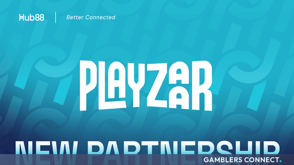 Promotional graphic displaying the Playzaar and Hub88 logos over a bright turquoise background with abstract chain link patterns and "New Partnership" text.