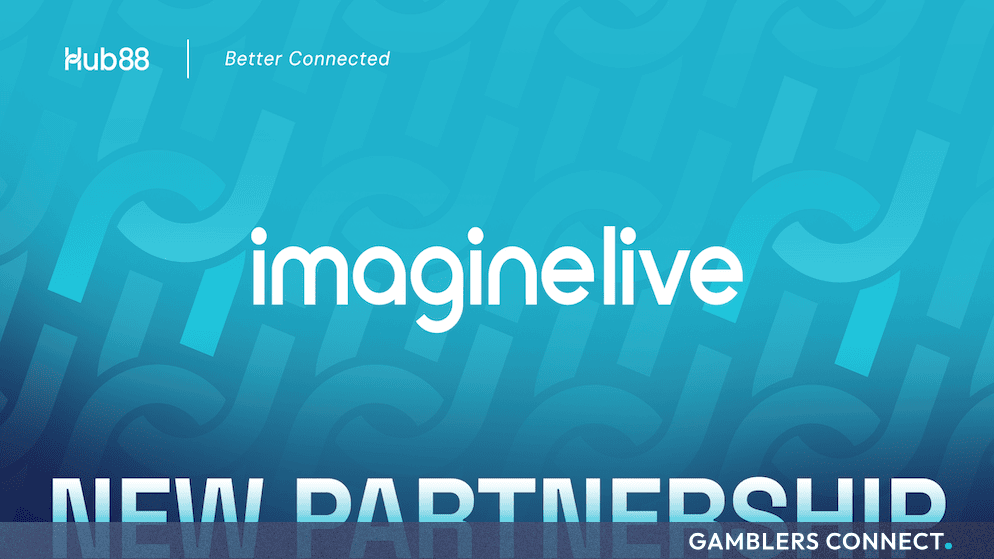 Promotional banner displaying the Hub88 and Imagine Live logos over a turquoise patterned background announcing a new partnership.