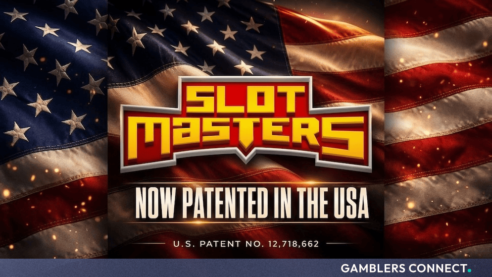 Official promotional graphic displaying the SlotMasters logo over an American flag background, highlighting U.S. Patent No. 12,718,662.