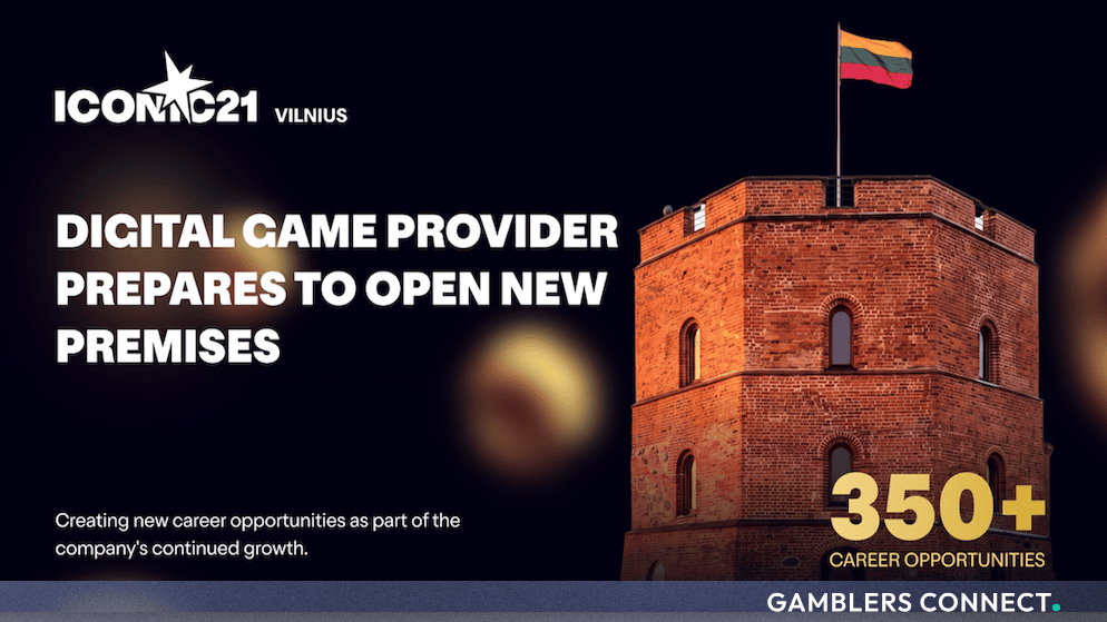 Official announcement banner featuring the ICONIC21 Vilnius logo alongside a historic tower flying the Lithuanian flag, highlighting 350+ career opportunities.