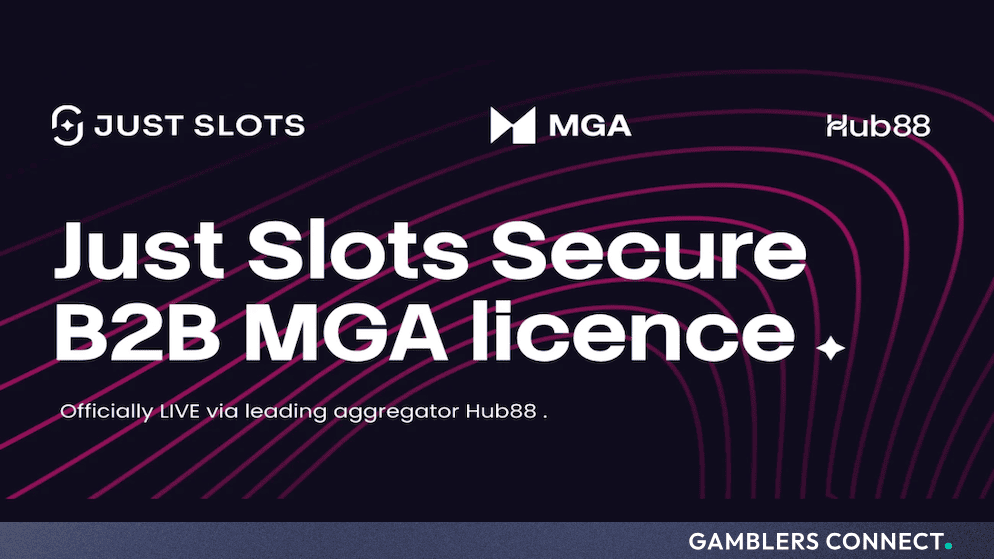 Official announcement graphic displaying the Just Slots, MGA, and Hub88 logos alongside text stating that Just Slots has secured a B2B MGA licence.