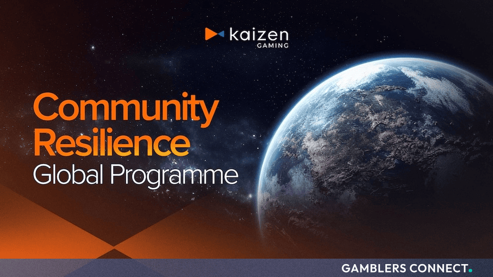 Graphic displaying the Kaizen Gaming logo alongside the text "Community Resilience Global Programme" and a view of planet Earth from space.