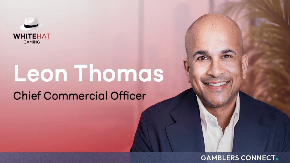Professional portrait of Leon Thomas, Chief Commercial Officer at White Hat Gaming, featuring the company logo and text overlay.