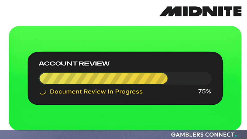 Digital interface graphic showing Midnite's Atlas account review progress bar at 75% complete for document review.
