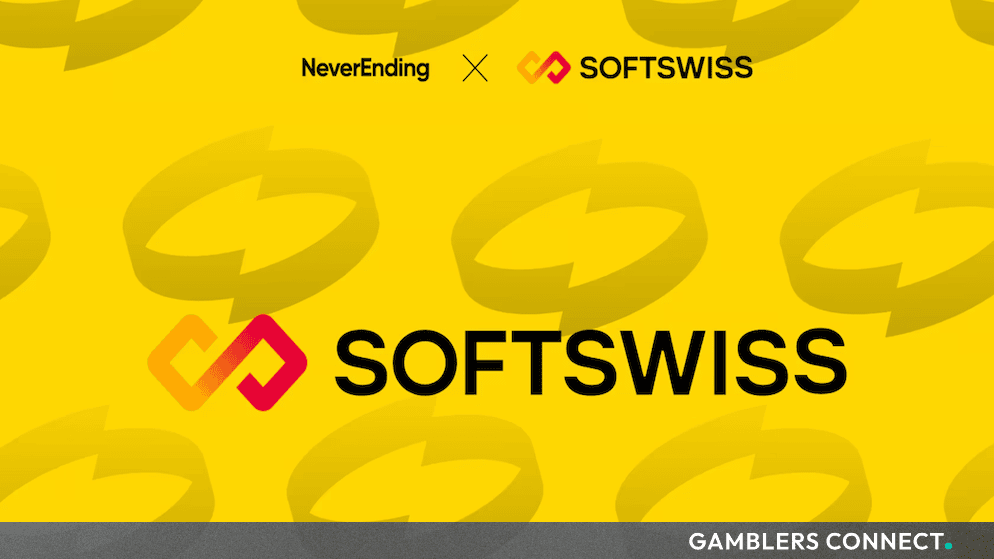 Official partnership graphic featuring the NeverEnding and SOFTSWISS logos against a yellow background pattern.