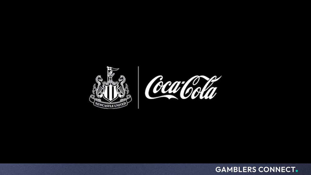 Official partnership logo announcement featuring the Newcastle United crest alongside the white Coca-Cola script on a black background.