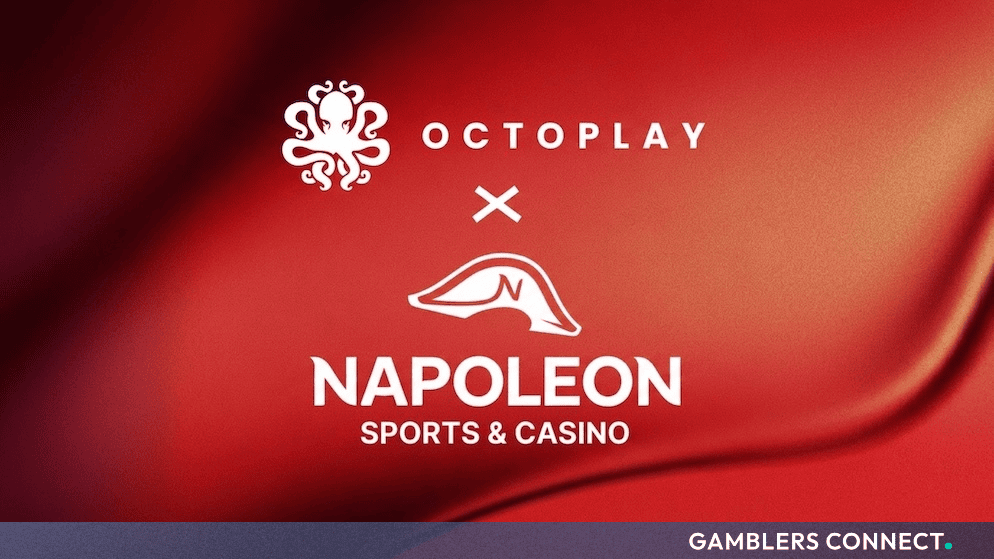 Official partnership graphic featuring the Octoplay and Napoleon Sports & Casino logos in white over a red textured background.
