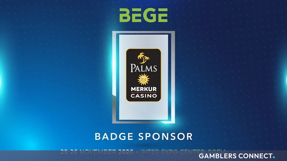 Official BEGE Expo 2026 badge sponsor announcement graphic featuring the Palms Merkur Casino logo against a blue background.