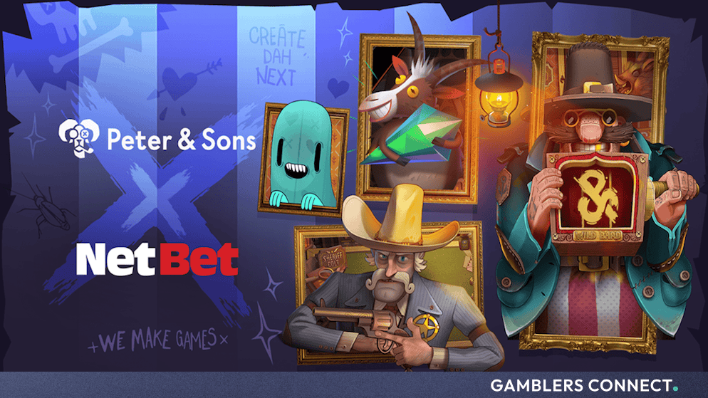 Vibrant promotional graphic displaying the Peter & Sons and NetBet logos alongside colorful, stylized characters from the studio's slot games.