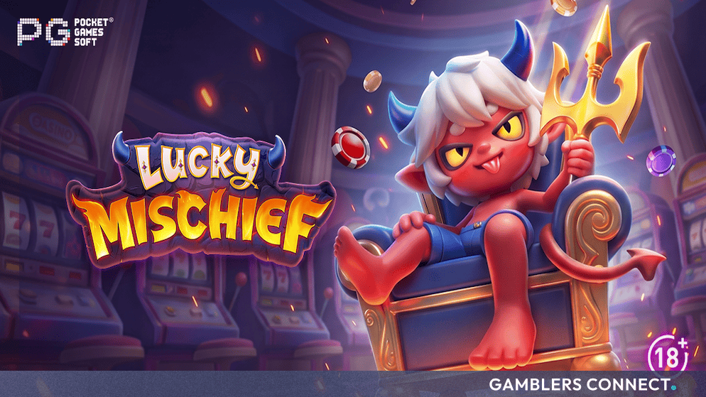 Promotional artwork for PG Soft's Lucky Mischief video slot featuring a red imp sitting on a throne in an underworld temple.