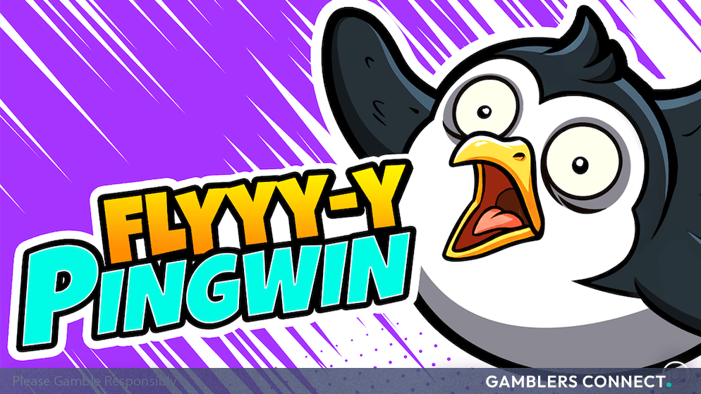 Promotional banner for PingWin Fly featuring an expressive cartoon penguin against a purple background.
