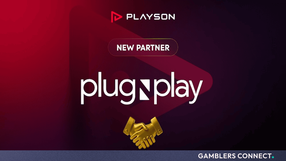 Official partnership announcement graphic featuring the Playson and PlugNPlay logos with a golden handshake icon against a dark background.