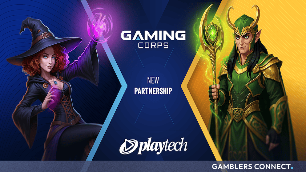 Official partnership announcement graphic featuring Gaming Corps and Playtech branding alongside fantasy character artwork.