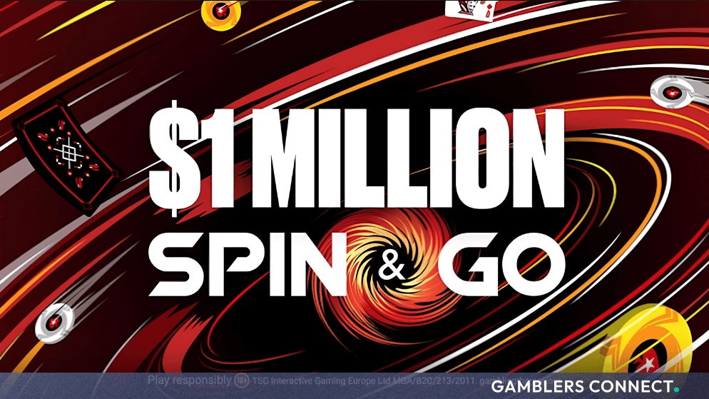 Promotional graphic for PokerStars $1 Million Spin & Go tournaments featuring stylized poker chips and cards against a dynamic red and gold background.