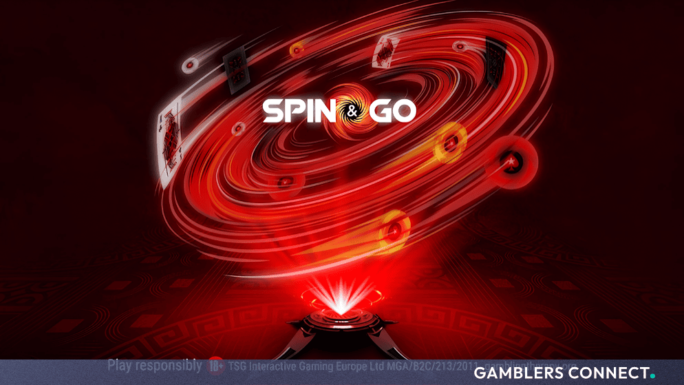 Promotional graphic for PokerStars Spin & Go featuring dynamic red card graphics and branding.