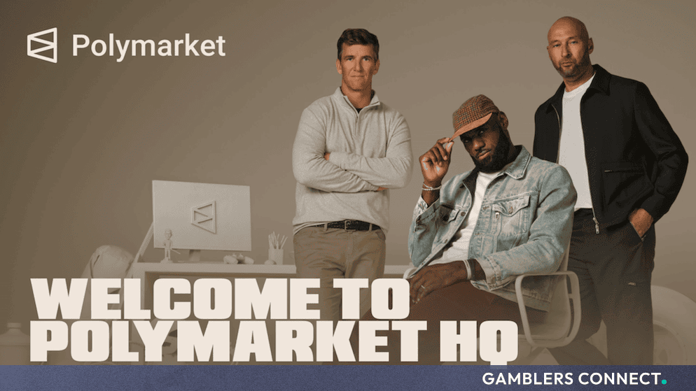 Promotional image welcoming users to Polymarket HQ featuring Eli Manning, LeBron James, and Derek Jeter.