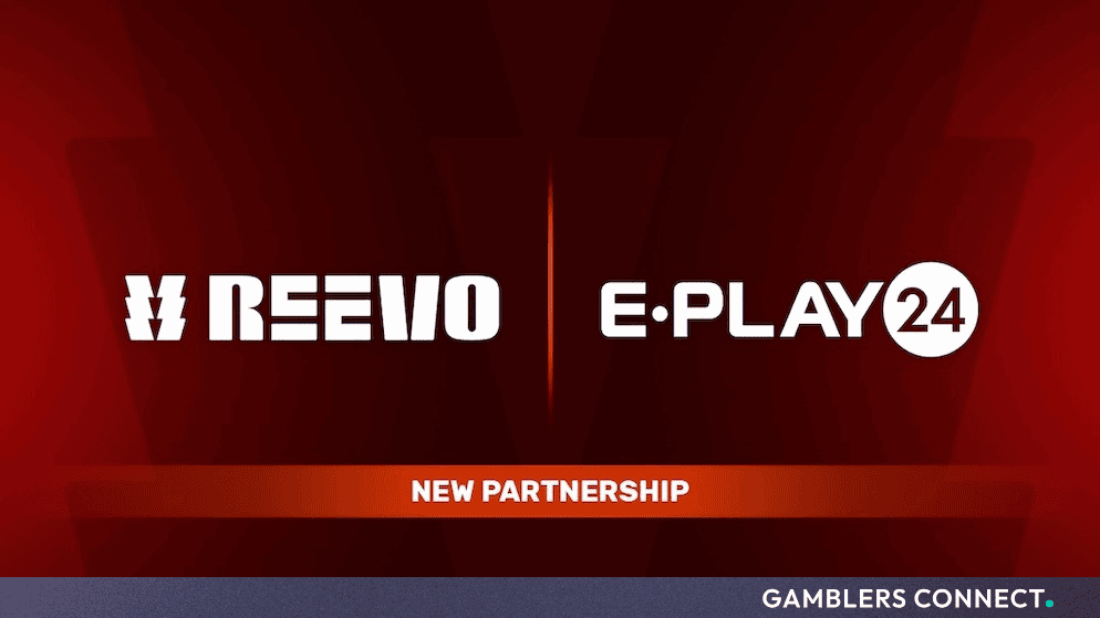 Promotional banner featuring the white REEVO and E-Play24 logos side by side against a dark red background with a "New Partnership" tag.