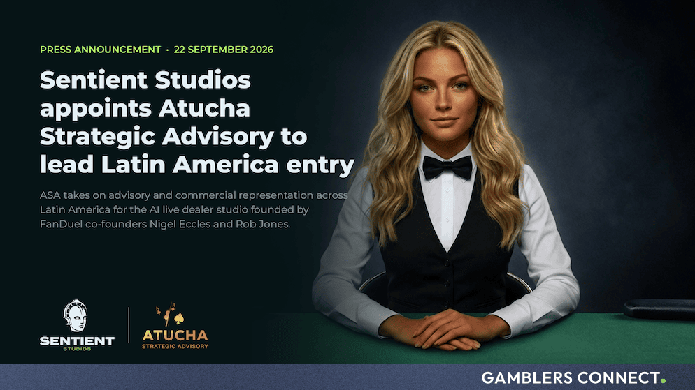Press announcement graphic featuring a blonde AI live dealer in uniform alongside the Sentient Studios and Atucha Strategic Advisory logos.