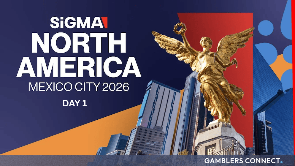 Official banner for SiGMA North America in Mexico City featuring the Angel of Independence monument against a modern city skyline.