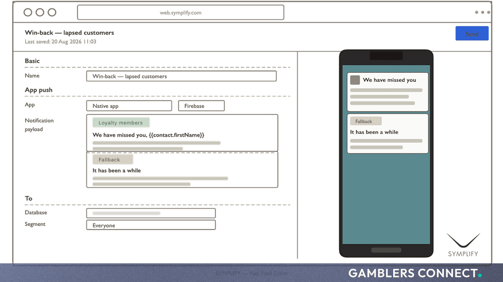 Wireframe interface of the new Symplify App Push editor showing campaign settings on the left and a mobile preview on the right.