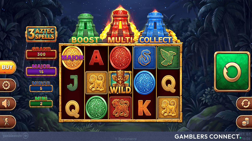 Main game screen of Spinomenal's 3 Aztec Spells slot showing stone reels, golden temples, and Aztec sun discs.