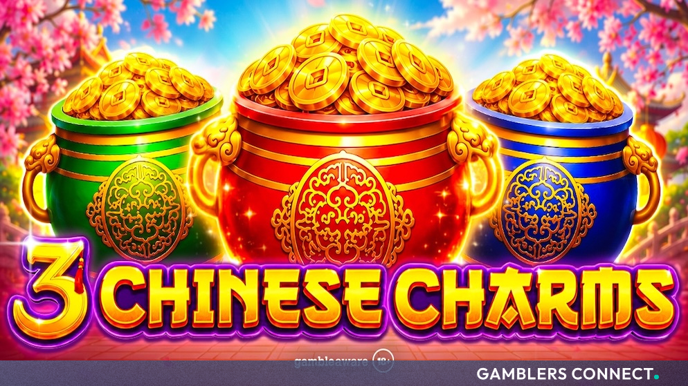 Official promotional graphic for Spinomenal's 3 Chinese Charms slot showing green, red, and blue coin pots against a cherry blossom backdrop.