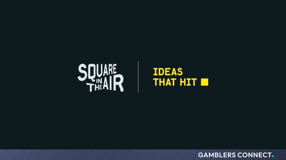 Official corporate rebranding graphic featuring the Square in the Air logo alongside the tagline "IDEAS THAT HIT" against a dark background.