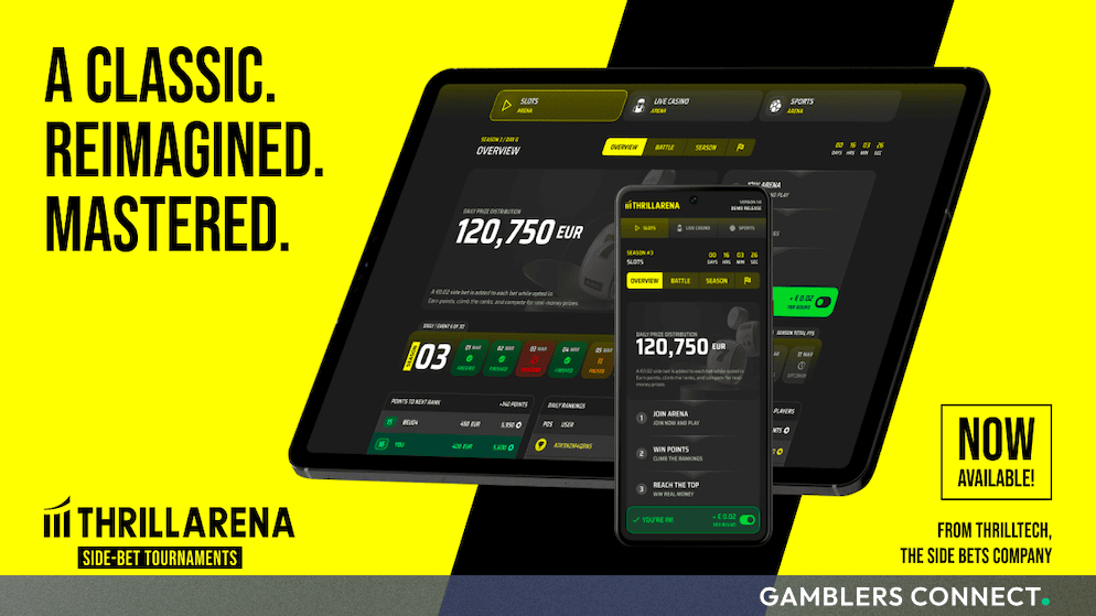 Promotional display of ThrillArena showing tablet and mobile interfaces against a bright yellow background.