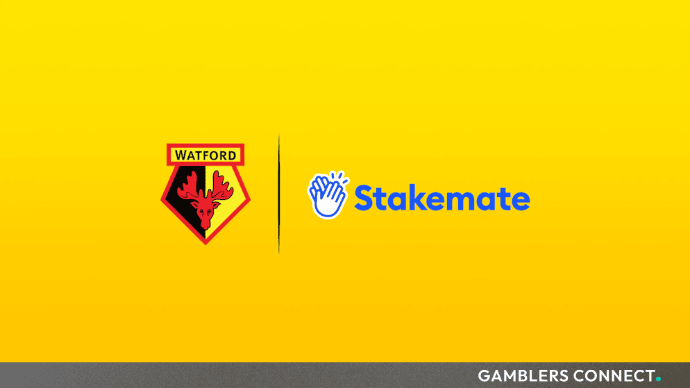 Official partnership graphic featuring the Watford FC club crest alongside the Stakemate logo against a yellow background.