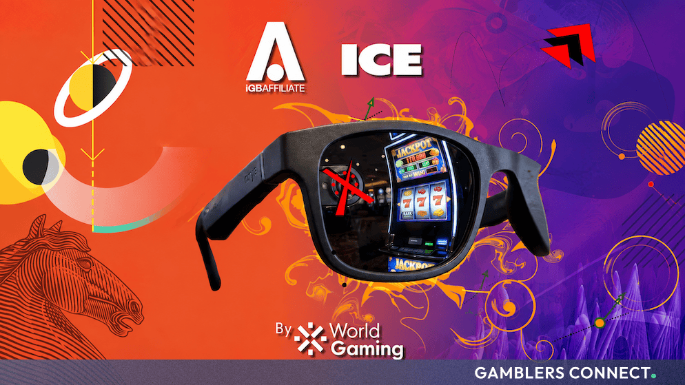 Promotional graphic featuring smart glasses with a prohibition symbol overlay against an abstract ICE and iGB Affiliate background by WorldGaming.