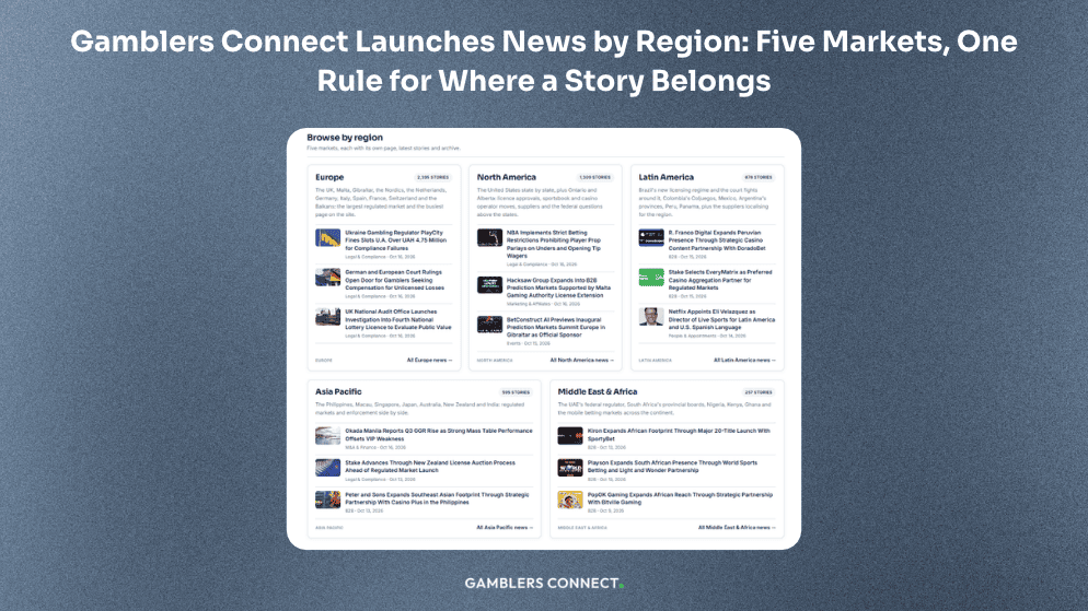 News by Region on Gamblers Connect, five market pages

