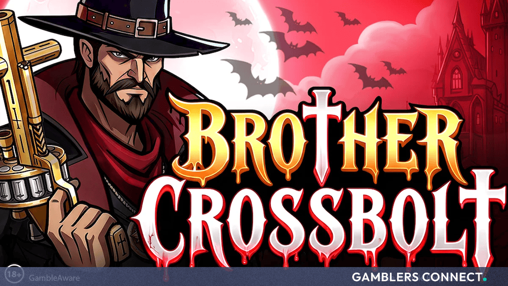 Brother CrossBolt game banner featuring a gothic monster hunter holding a golden revolver against a red atmospheric backdrop