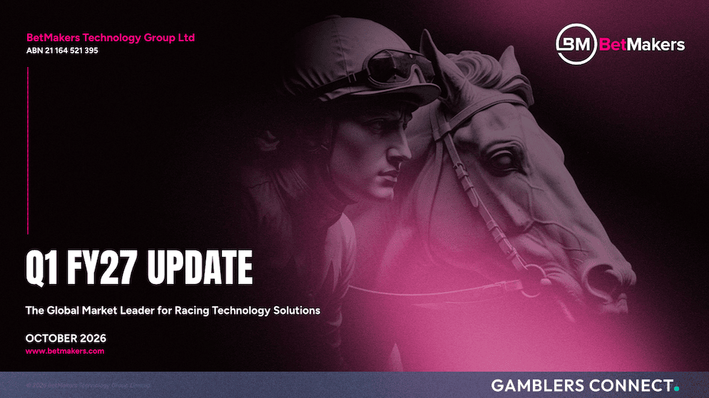 BetMakers Q1 FY27 update graphic featuring a jockey and racehorse silhouette against a dark magenta background Gamblers Connect