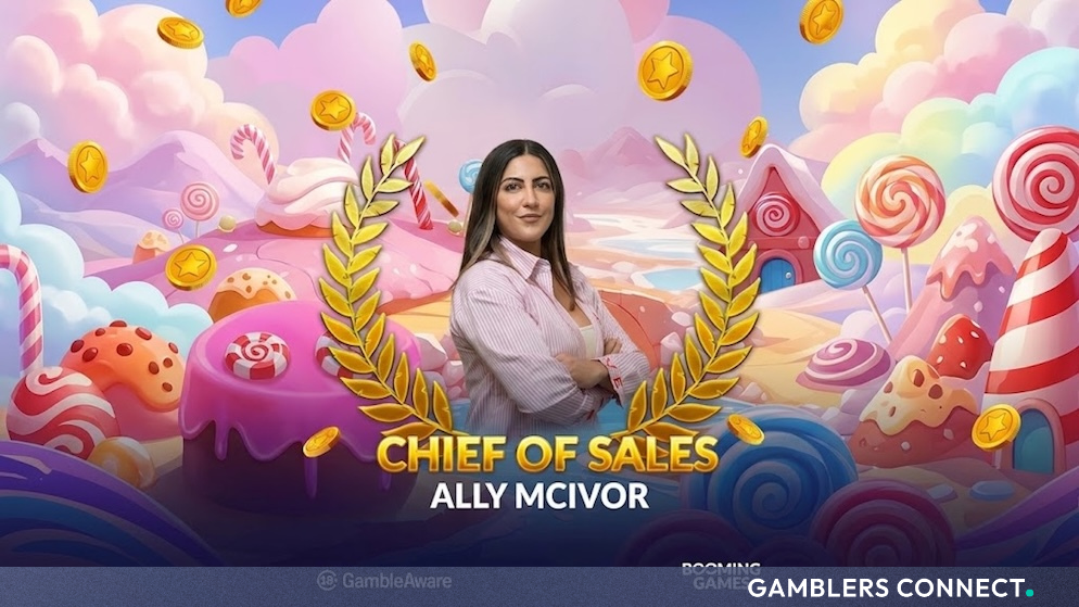 Ally McIvor appointed Chief of Sales at Booming Games framed by golden laurel leaves and candy-themed slot background