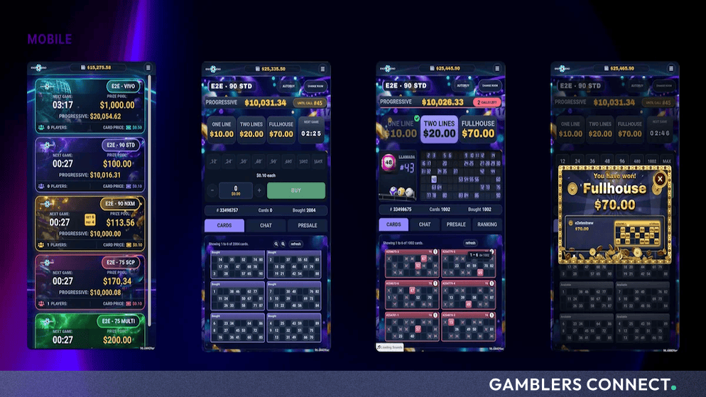 obile screens displaying the newly redesigned End2End multiplayer bingo user interface