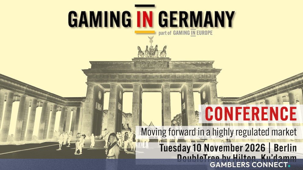 Brandenburg Gate in Berlin with Gaming in Germany Conference promotional branding overlay