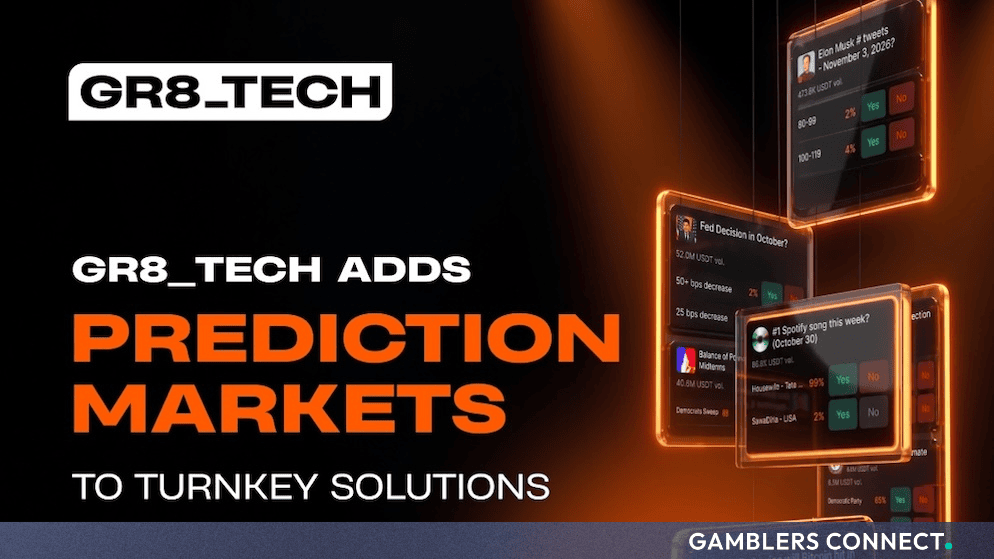GR8_TECH promotional banner displaying prediction markets and crypto betting options across mobile device screens