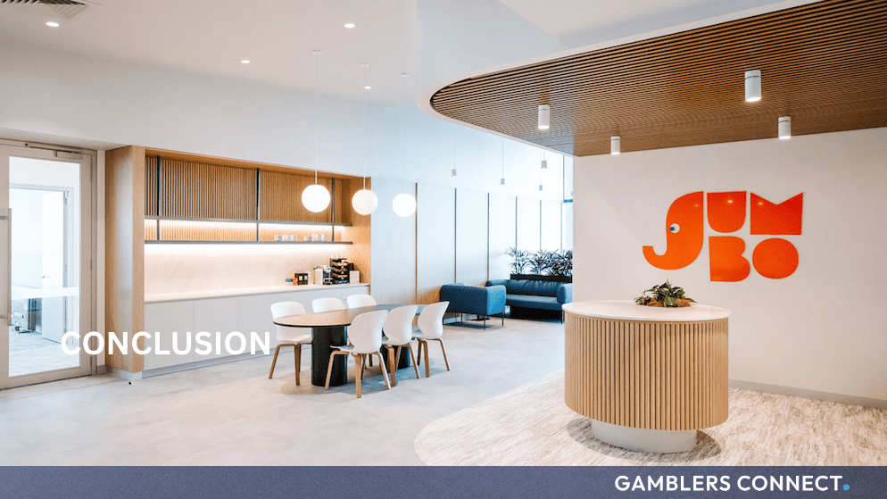 Modern corporate reception area and interior workspace at Jumbo Interactive Limited featuring the company logo.
