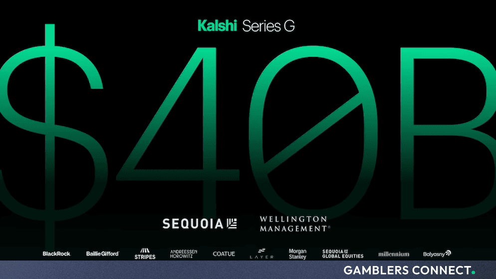 Kalshi Series G funding graphic displaying a $40 billion valuation text overlay against a dark green and black background