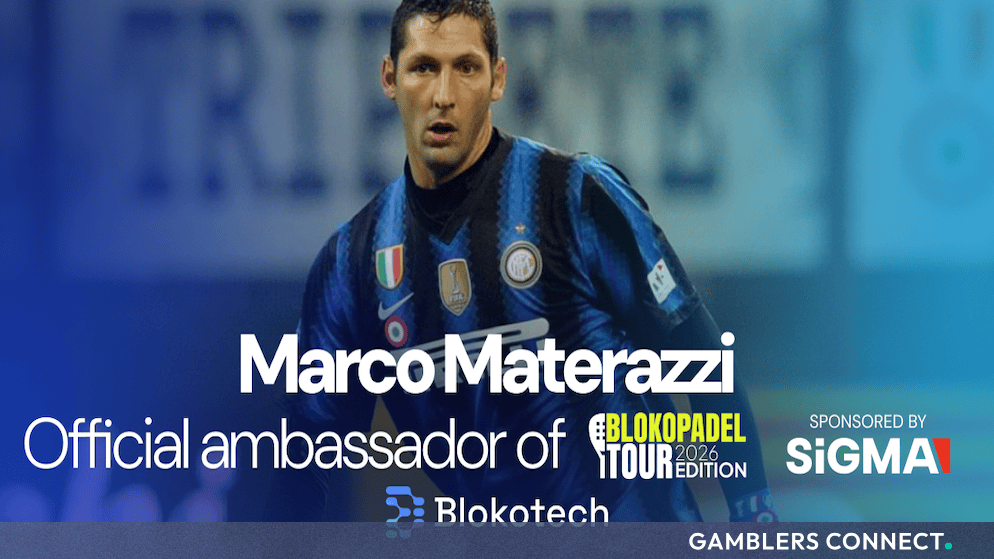 Marco Materazzi in an Inter Milan jersey with text identifying him as the official ambassador of the Bloko Padel Tour sponsored by SiGMA.