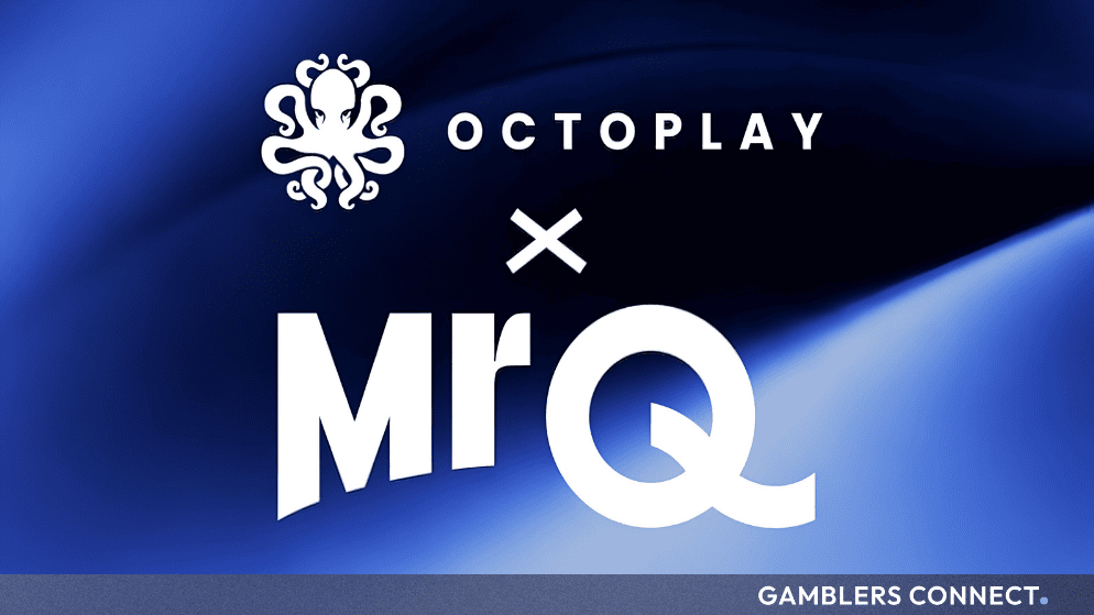 Octoplay and MrQ brand logos set against a blue gradient background representing online casino partnerships