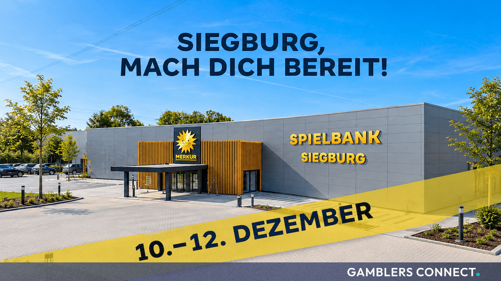Merkur Casino Siegburg exterior building branding and opening announcement poster representing Hollywood star attendance