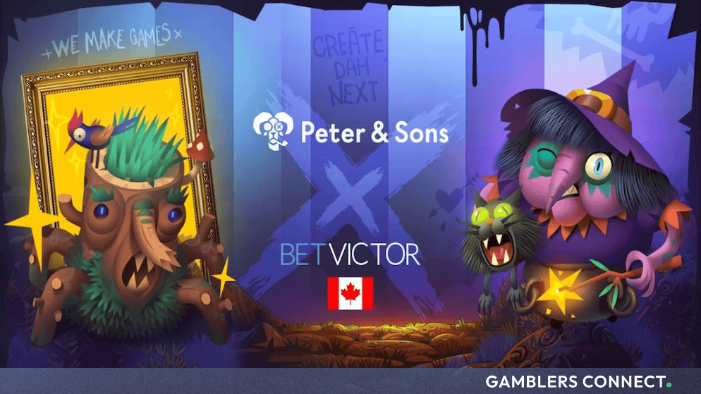 Peter and Sons and BetVictor branding graphics featuring cartoon characters against a dark purple background with a Canadian flag