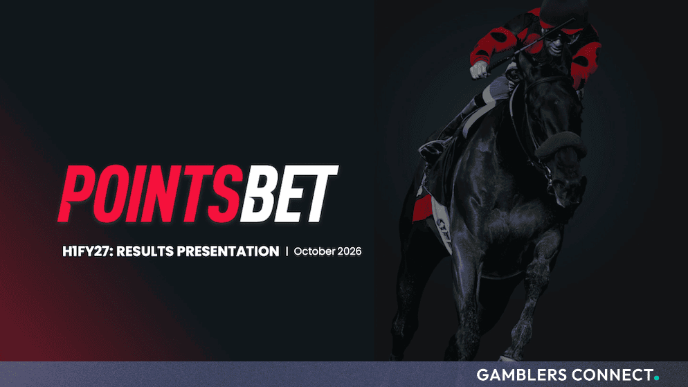 Dynamic promotional graphic featuring a jockey racing a horse in red and black colors alongside the PointsBet H1 FY27 presentation title