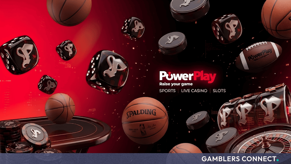 PowerPlay promotional banner displaying sports, live casino, and slot offerings alongside gaming dice and a basketball.