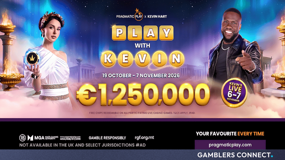 Promotional banner for Pragmatic Play x Kevin Hart featuring Kevin Hart, a live dealer holding a game chip, and promotional details for the €1,250,000 prize pool.