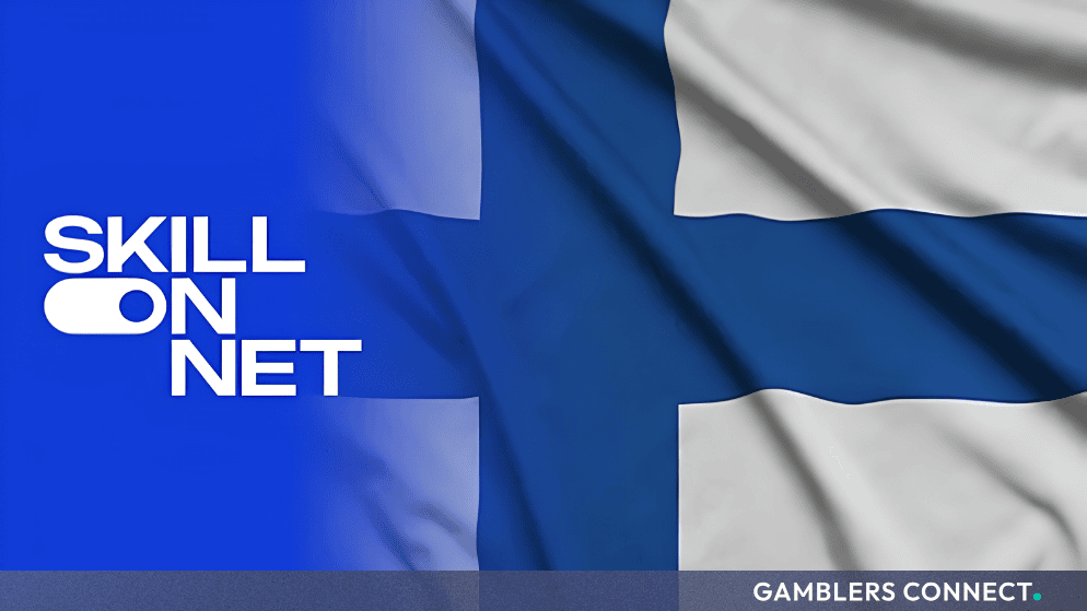 SkillOnNet branding overlaid on the Finnish national flag representing regulated market licensing